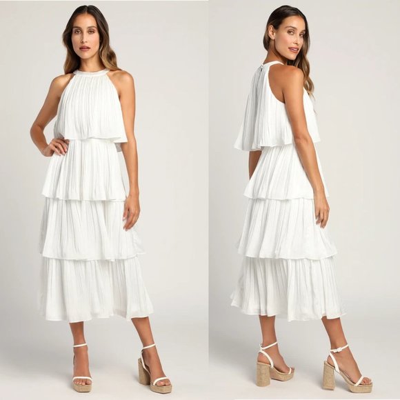 Lulus Tier and Far Sleeveless Tiered Pleated Halter Midi Dress in White XL NWOT - Picture 2 of 5